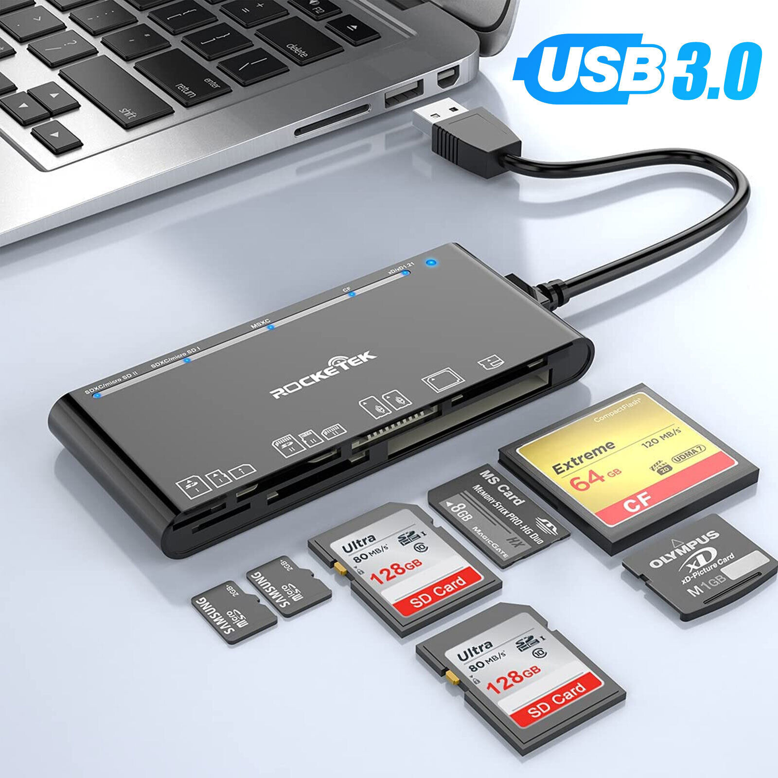 Lector tarjetas memoria USB 3.0 7 en 1 Adaptador alta velocidad Micro SD