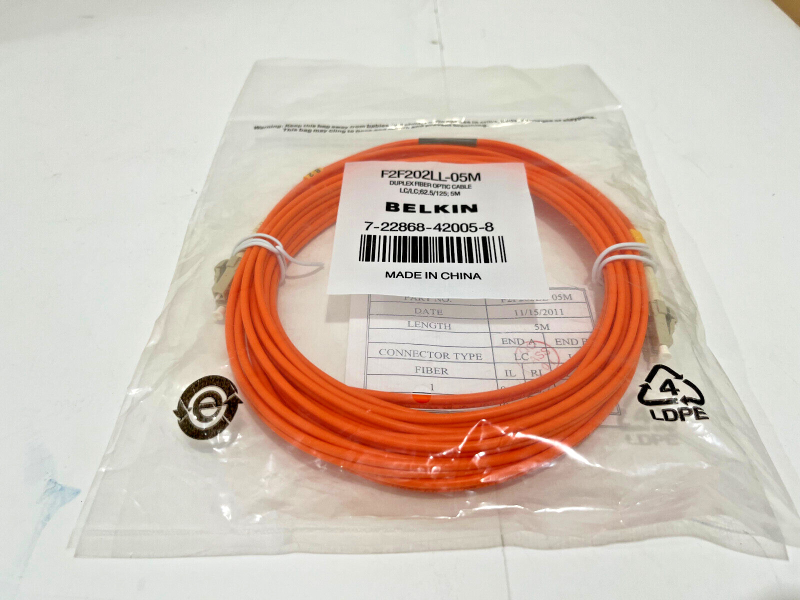 Belkin Duplex Fiber Optic Patch Cable LC LC 62.5/125 F2F202LL-05M