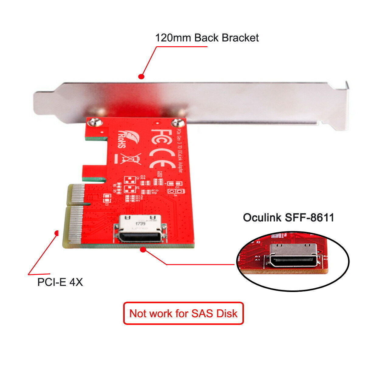 SFF-8612 SFF-8611 Express 4.0 x4 to Oculink PCI-E 3.0 Host Adapter for PCIe SSD