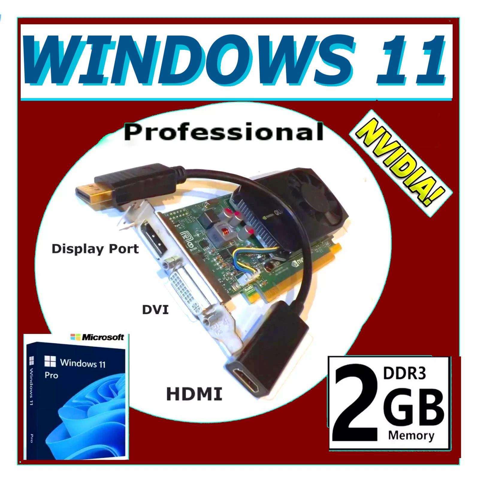 2GB✔️Windows 11 DUAL-MONITOR Video Card✔️PCI-E 2.0 BUMDLE✔️DP to HDMI Adapter