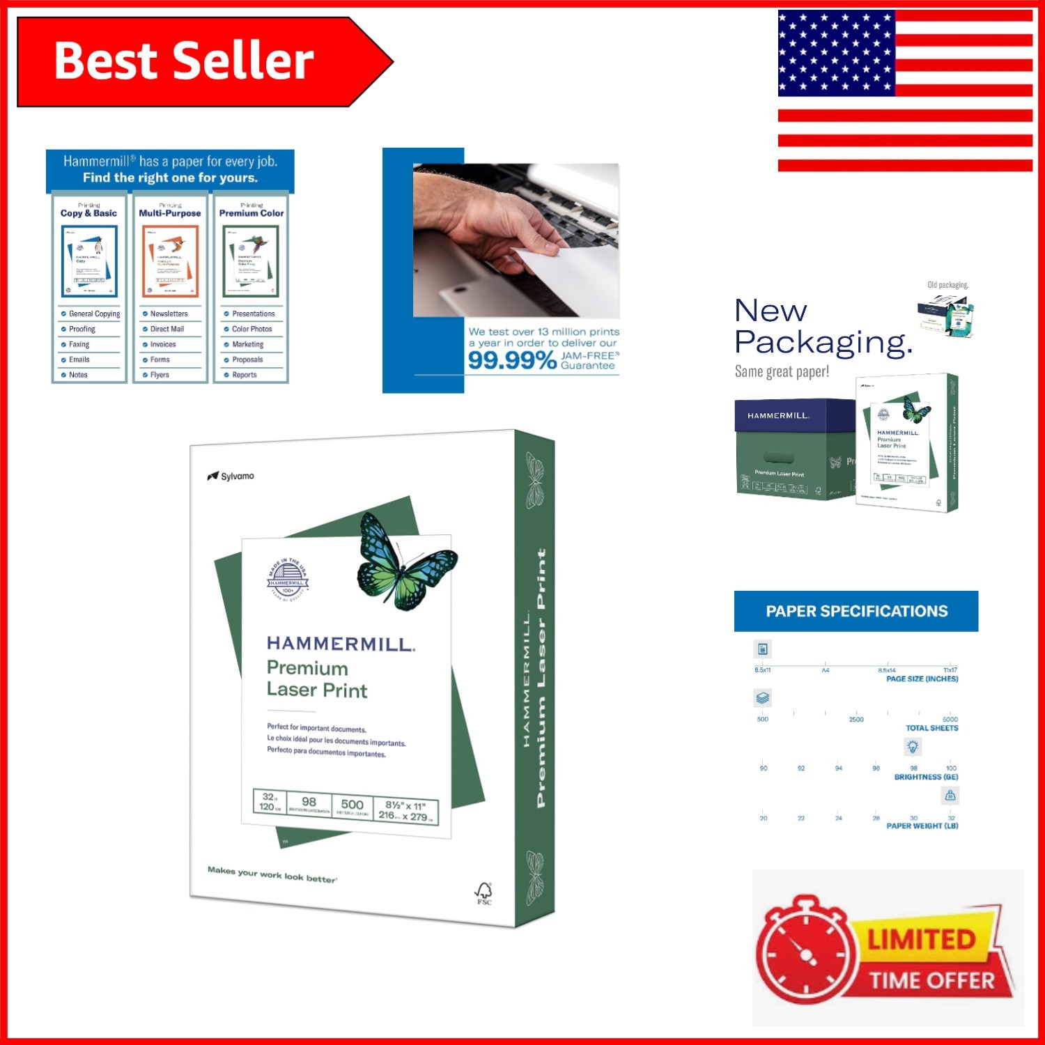 Ultra-Smooth 32 lb Laser Paper - 500 Sheets, 8.5 x 11, JAM-Free & 98 Brightness