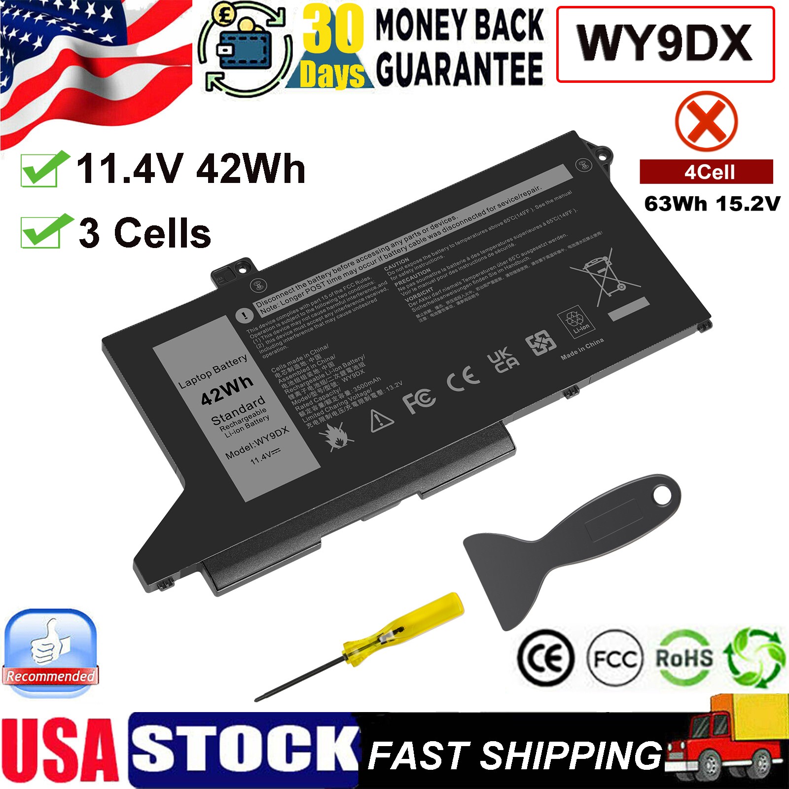 ✅WY9DX Laptop Battery For Dell Latitude 5420 5520 11.4V 42Wh Type 005R42 0M3KCN