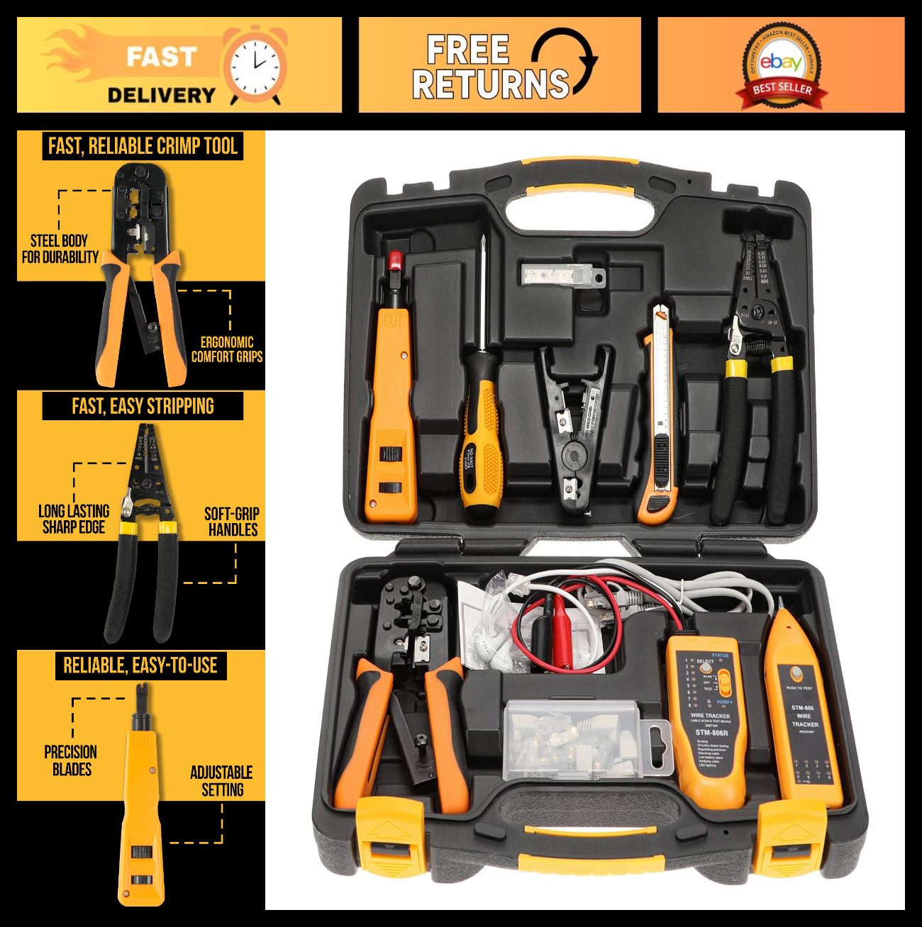 15-in-1 Professional Network Tool Kit - RJ45 Crimper, Cable Tester, Wire Strippe