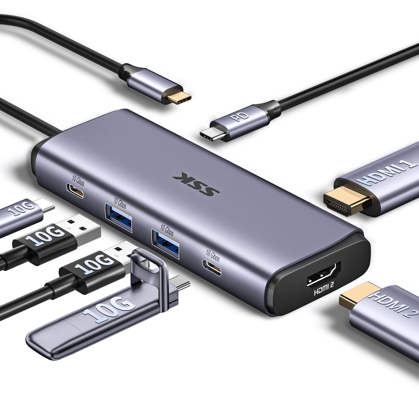 SSK Powered 7-Port USB 3.2 Hub, C Adapter Charging hub