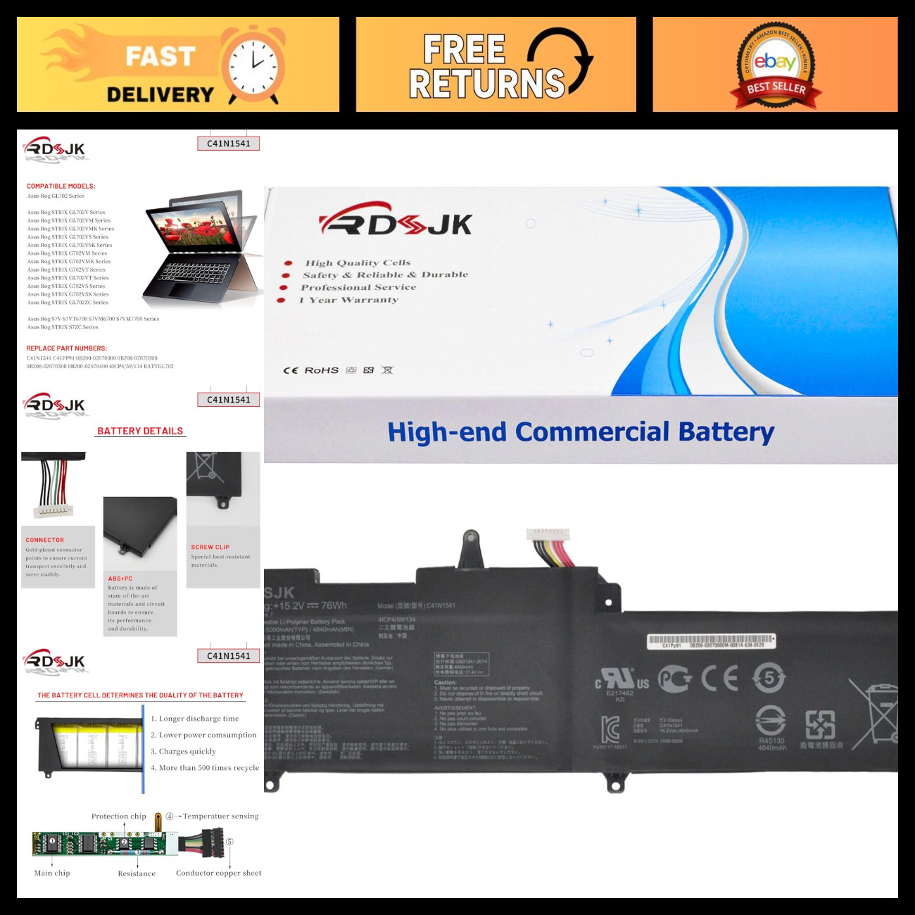 High-Capacity Laptop Battery 15.2V 76Wh for ROG Strix GL702 GL703 Series