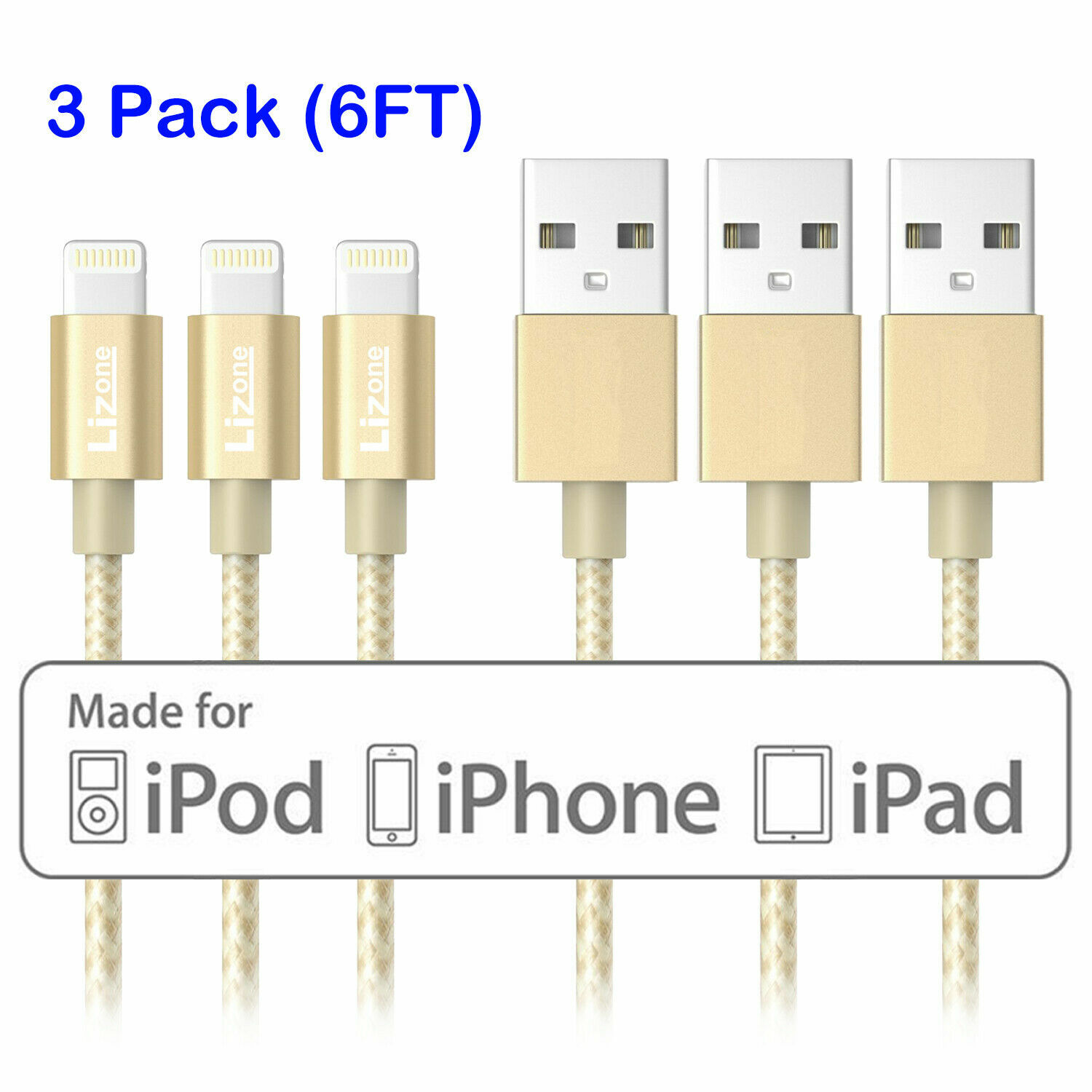 3X 6Ft Lightning Cable MFi Certified USB Charge/Sync Cord for iPhone iPad Gold