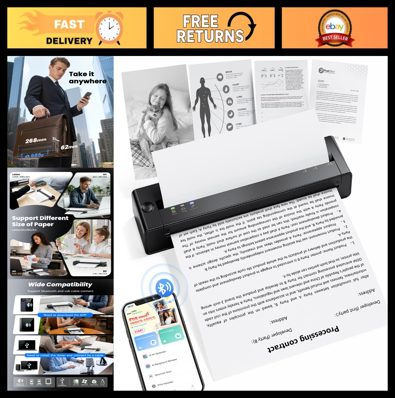 Portable Wireless Inkless Printer - Compact Thermal Printer for iPhone, Laptop,