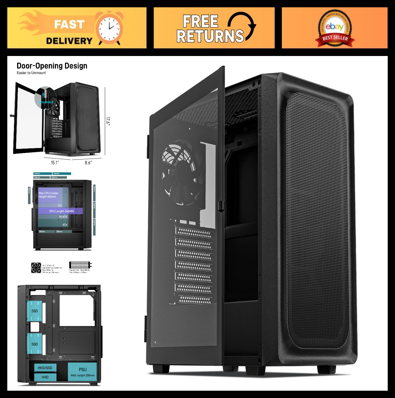 ATX Mid Tower PC Case, Type-C Ready, Tempered Glass, Supports 50 Series GPUs, 8
