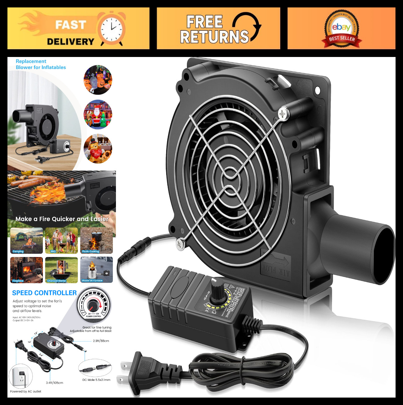 120mm 12V Variable Speed Blower Fan | Dual Ball Bearing, Adjustable, Powerful fo