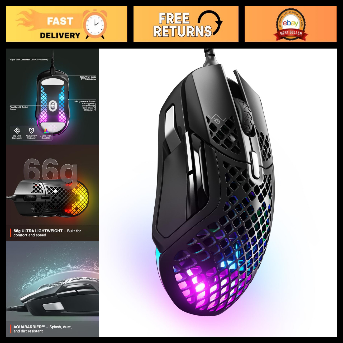 Ultra-Lightweight RGB Gaming Mouse - Water Resistant, 18K DPI, TrueMove Air Sens