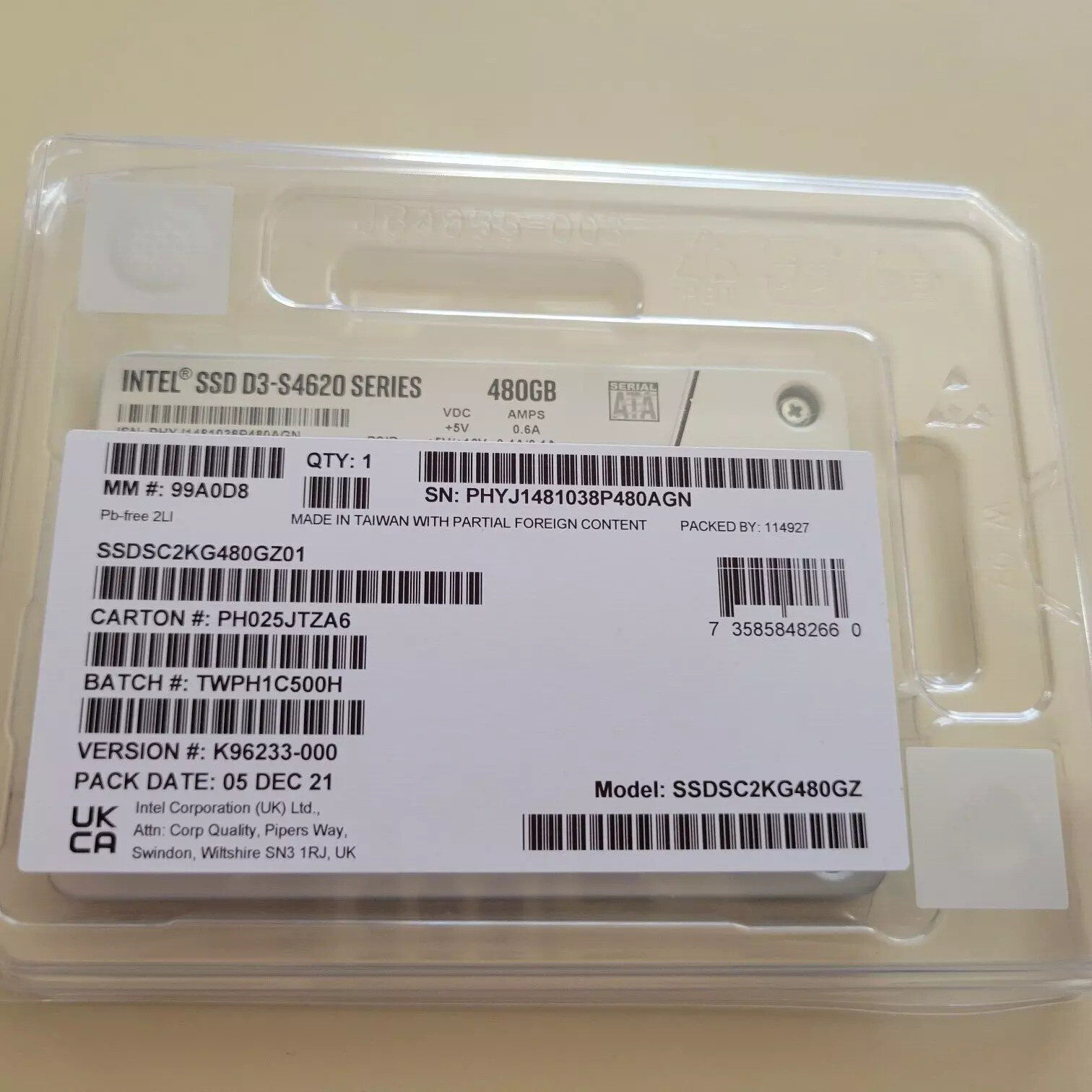 Intel D3 S4620 Series 480GB 2.5" SATA III 6Gb/s SSDSC2KG480GZ Solid State Drive