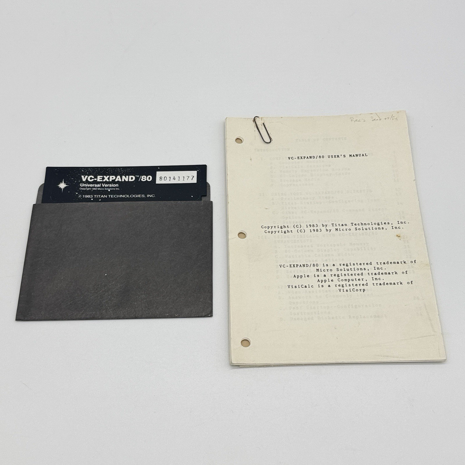 1982 VC-Expand/80 Software for Apple II II+ IIe Universal Version Disk & Manual