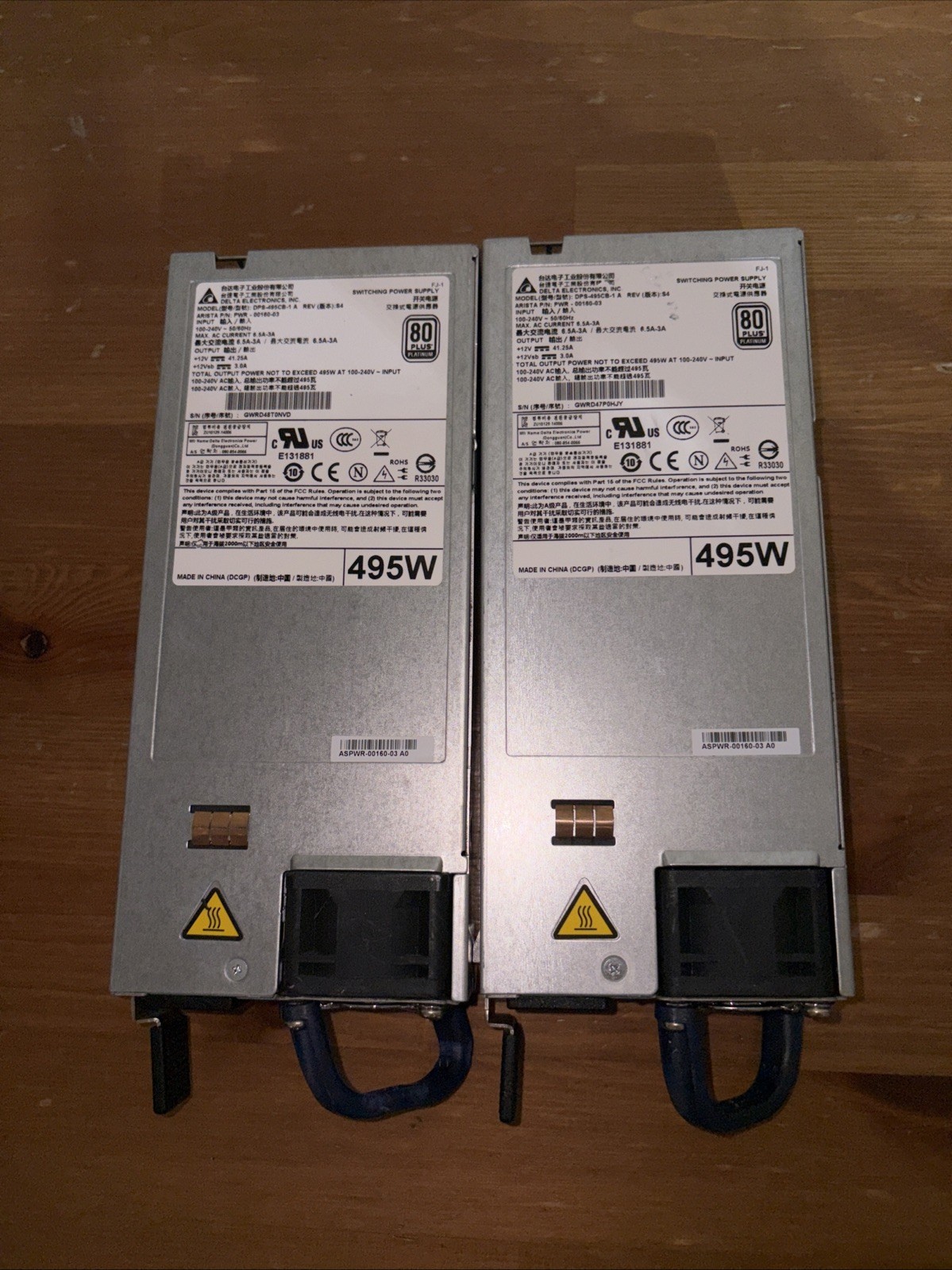 Arista PWR-500AC-R AC POWER SUPPLY REAR-TO-FRONT 500 Watt DPS-495CB-1   LOT OF 2