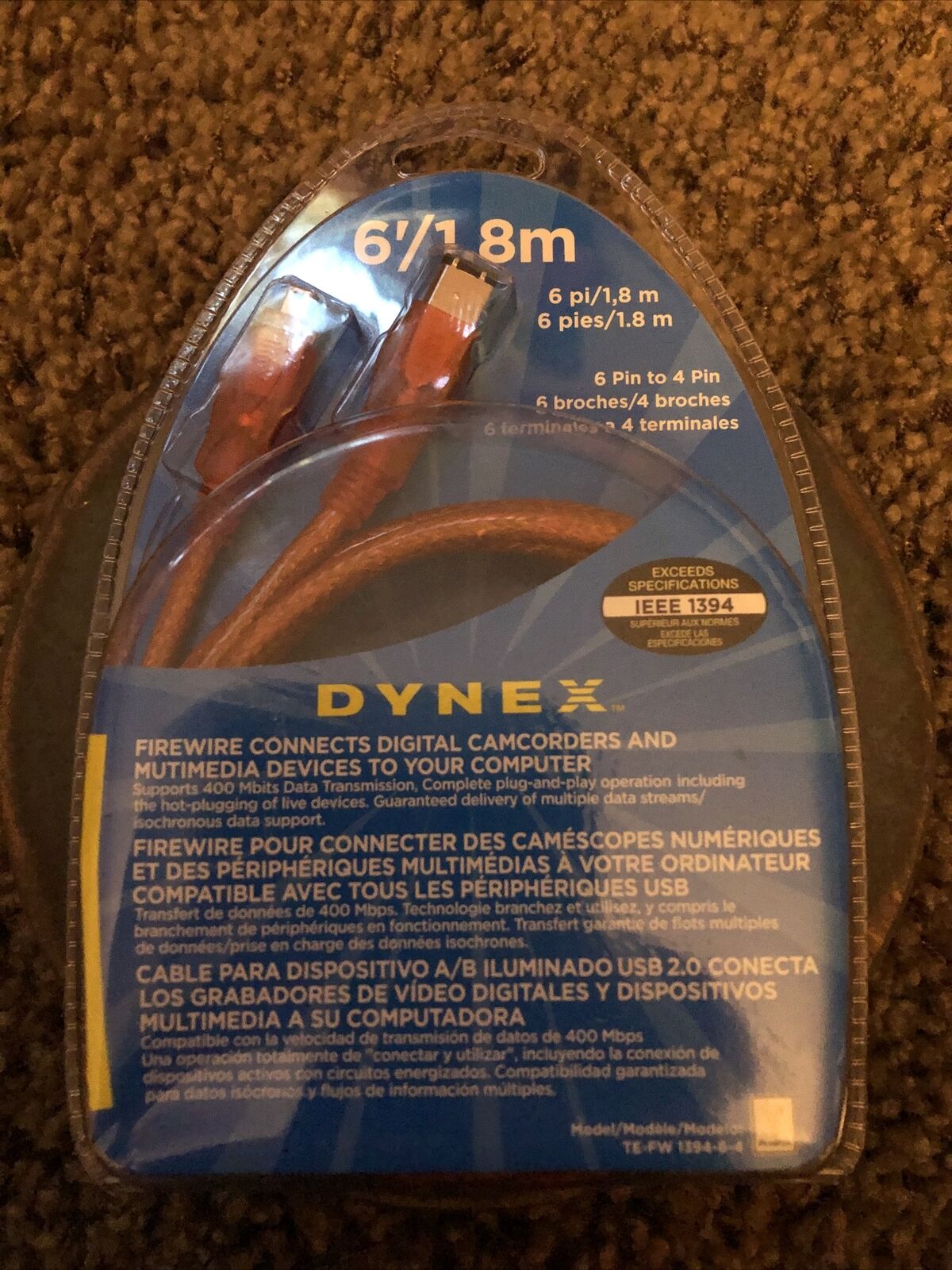 Dynex Firewire 6'/1.8m Digital Media Cable 6 PIN to 4 Pin New Unopened
