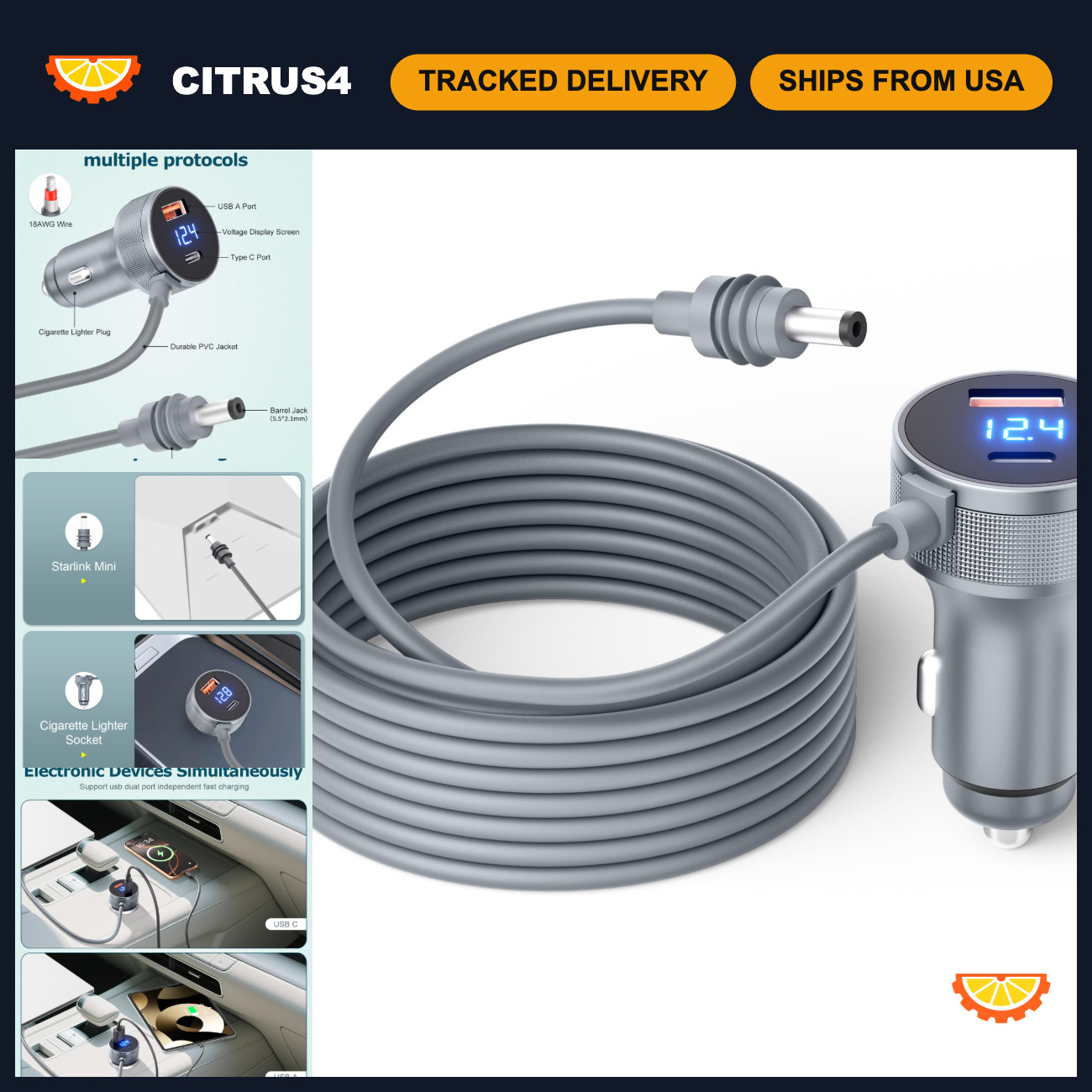 3M/10FT Mini Car Adapter 12V DC Power Cable for Starlink - 3 in 1 Connector
