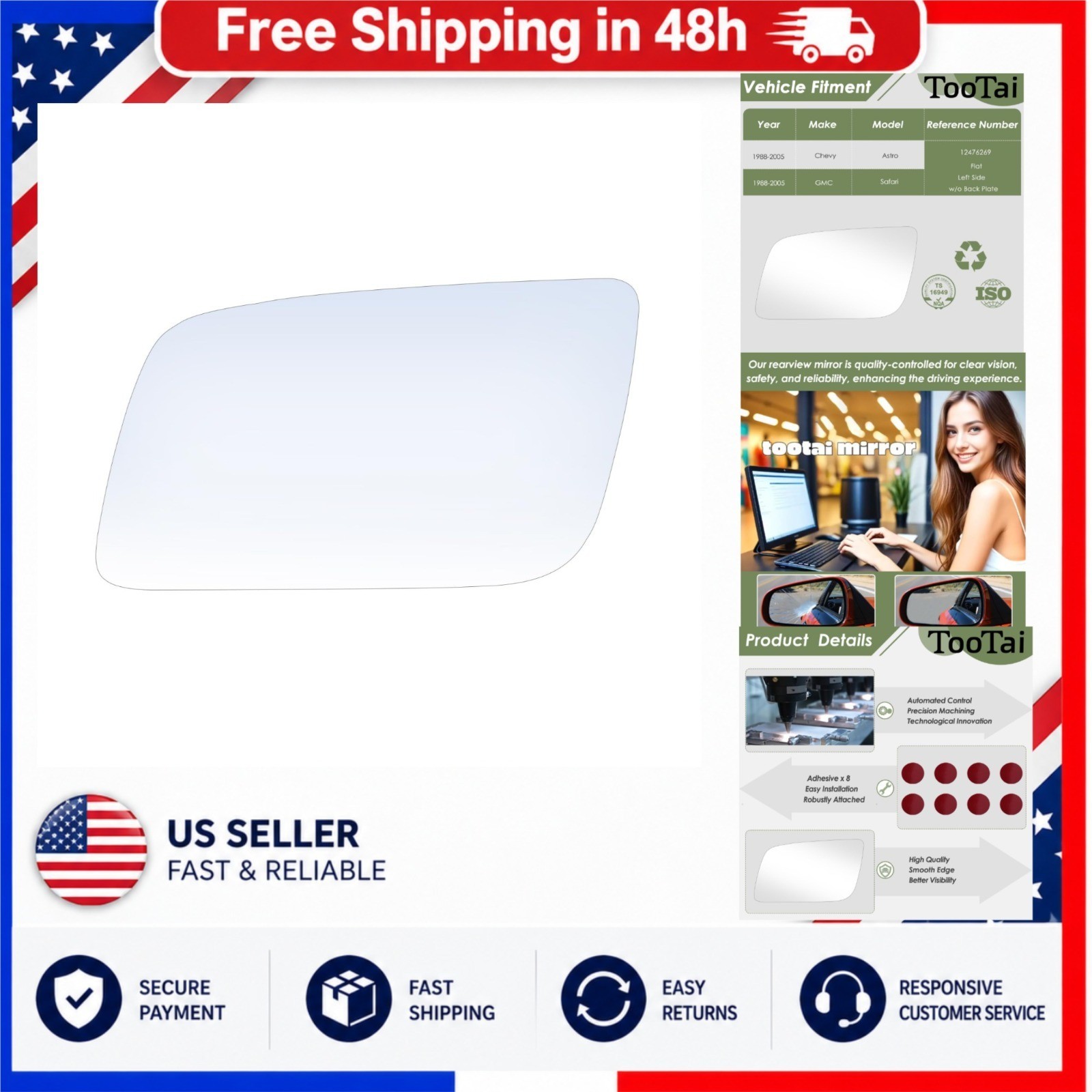 Driver Side Mirror Glass for Chevy Astro & GMC Safari 1988-2005 Left LH