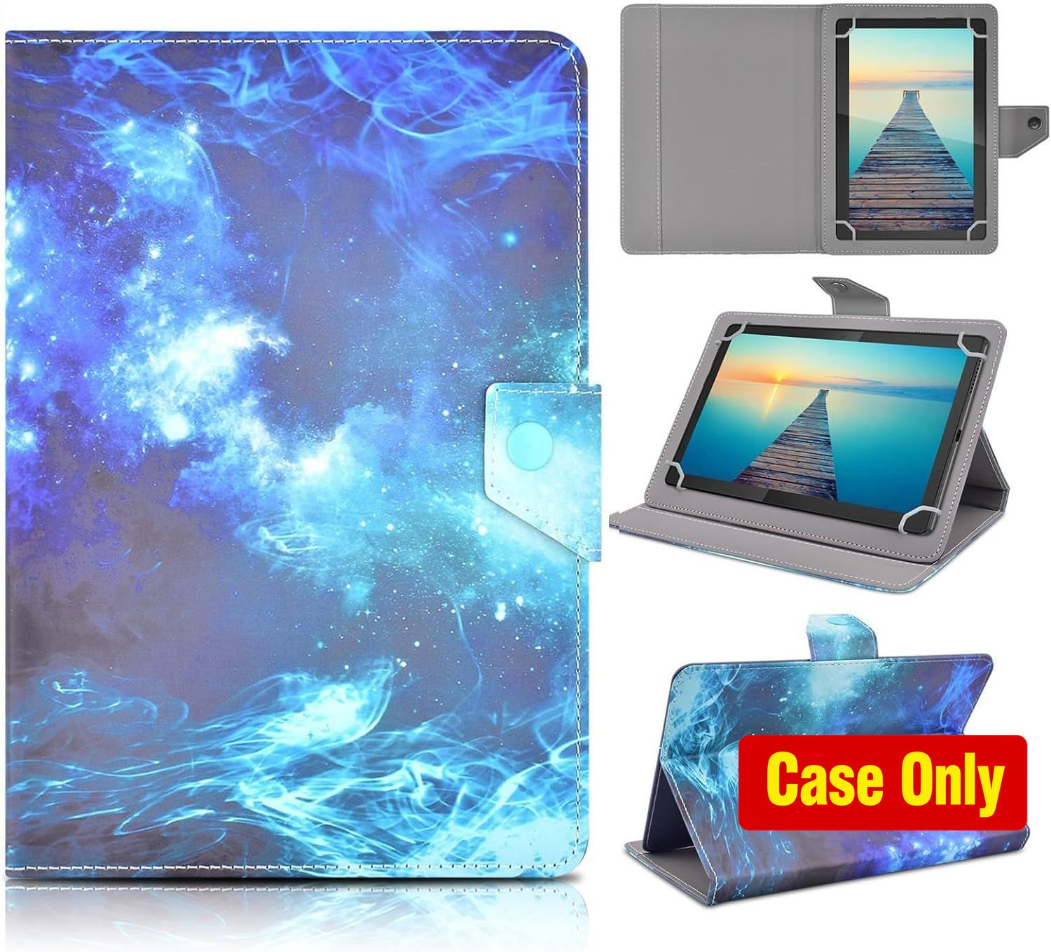 10.1 Inch Tablet Case, Portable Leather Stand Cover with Fixed Rings, Blue Sky