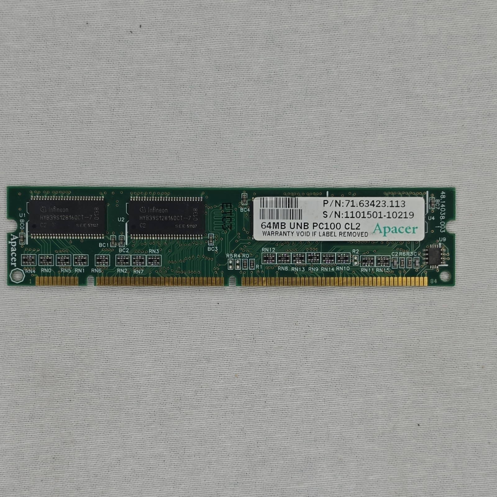 Apacer 64MB SDR SDRAM DIMM PC100 CL2 168-Pin 1x64MB Unbuffered 71.63423.113