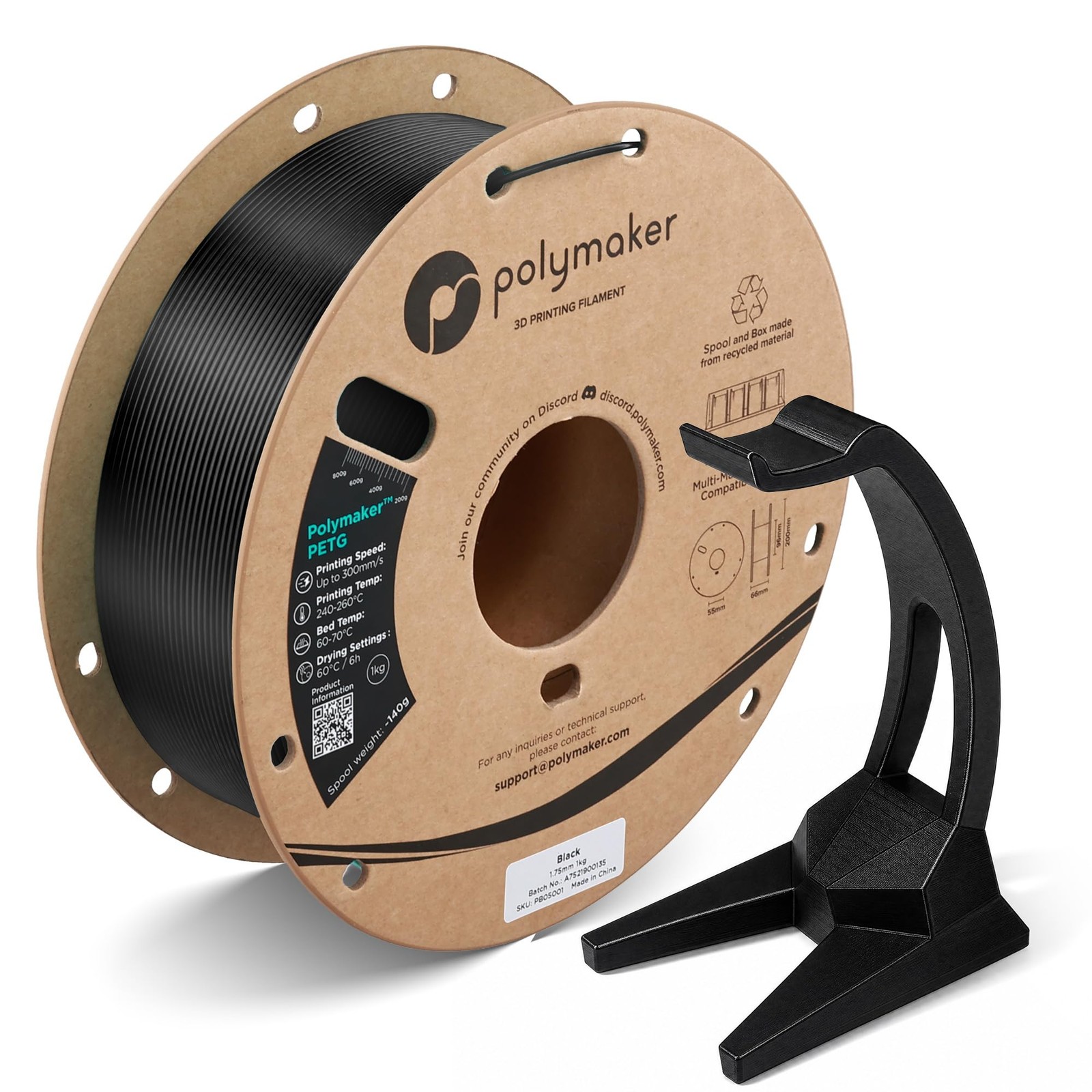 Polymaker PETG Filament 1.75mm Black 1KG, High Speed, 2.2 Lbs