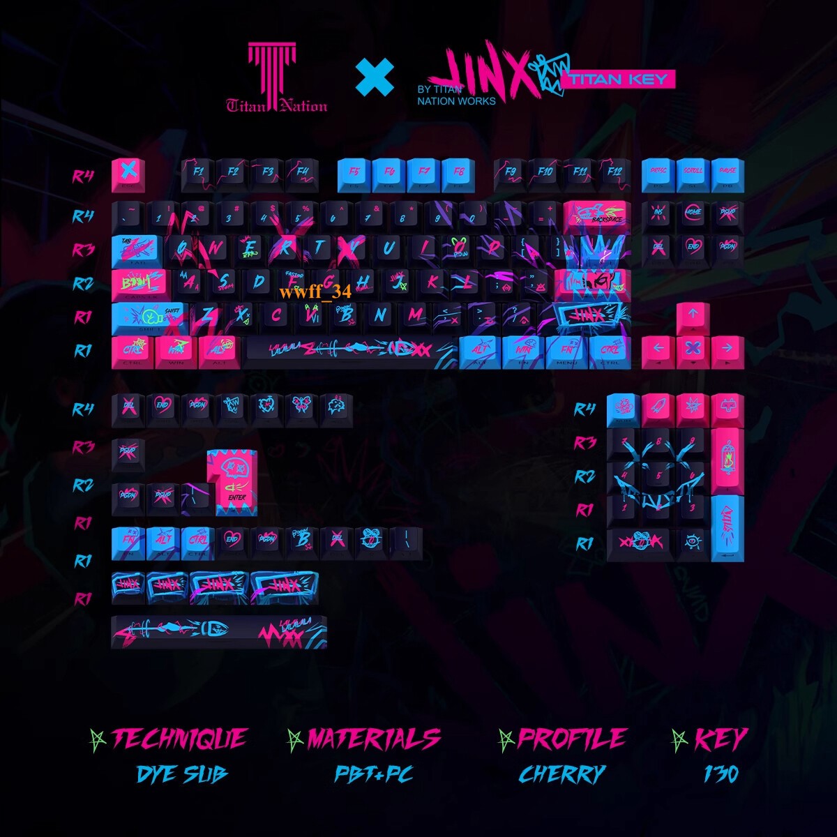 Lol Arcane Jinx Keycaps Pbt 130/144 Keys Cherry Mx Side-lit Gift For Rgb Keypads