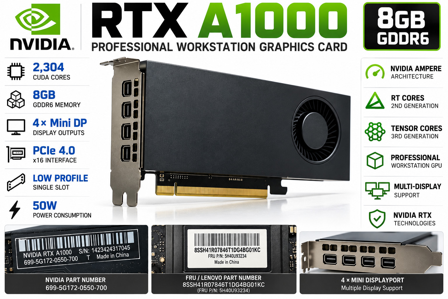 NEW NVIDIA RTX A1000 8GB GDDR6 GPU Lenovo Graphics Card Low Profile LP