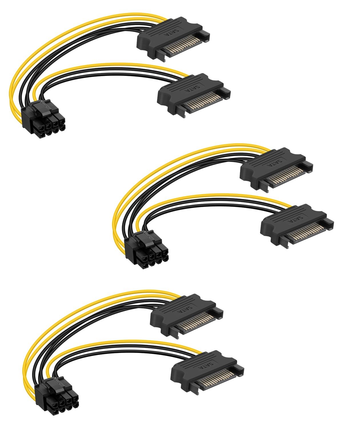 3-Pack Dual SATA 15-Pin to 8-Pin(6+2) PCIe Power Cable 1M