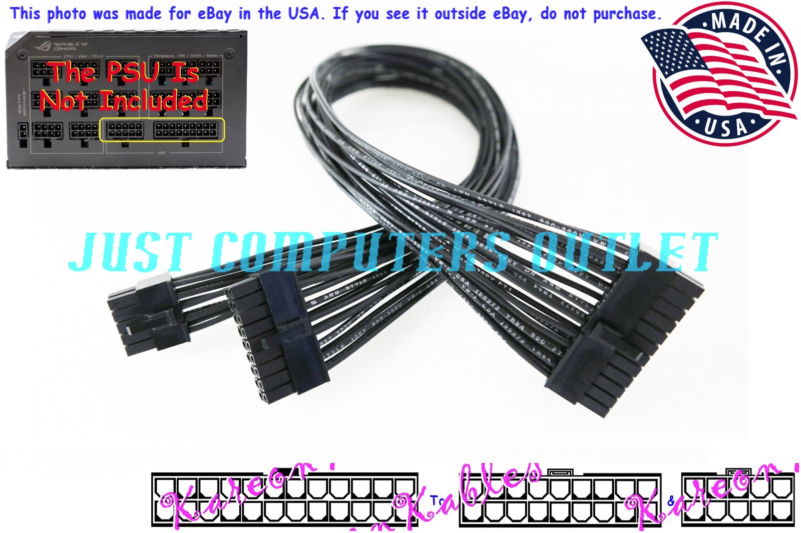 🔥 "Custom" 12" Asus ROG Loki SFX-L 24-Pin to (10+18) Pin MB Power Supply Cable