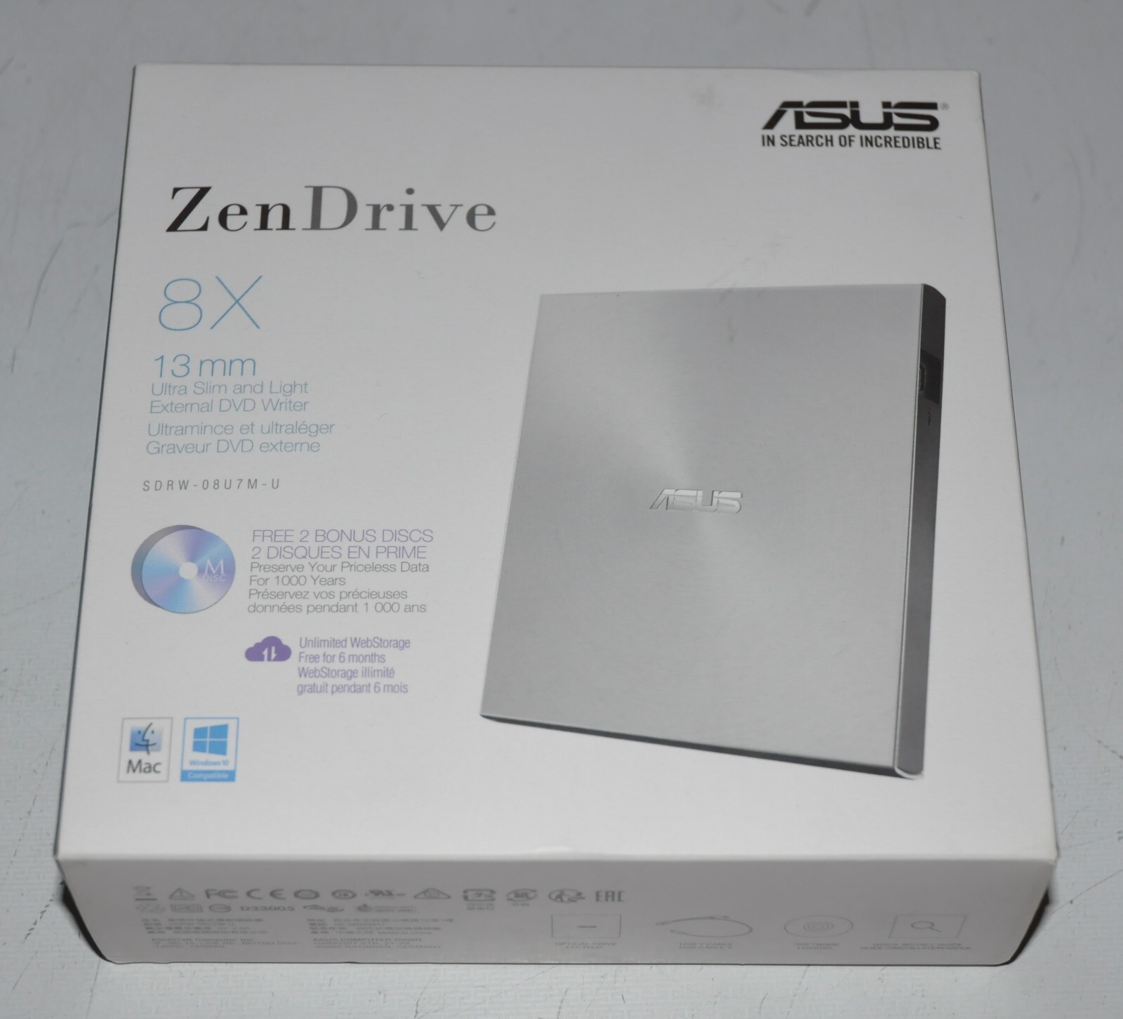 new sealed Asus Zen Drive SDRW-08U7M-U External Ultra-Slim DVD 8x Writer M-Disc