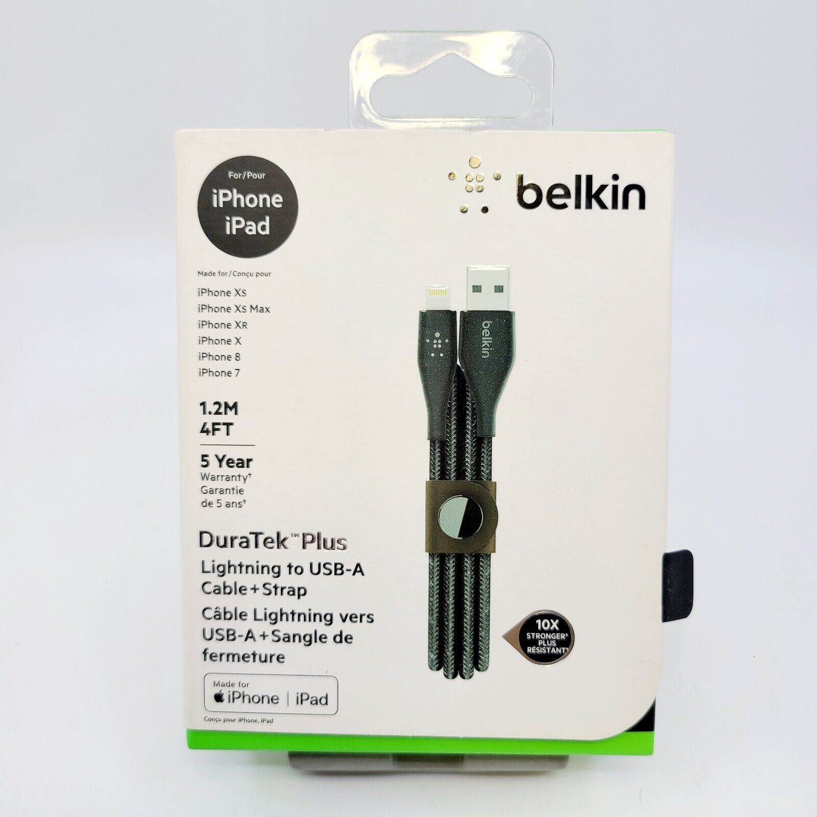 New Belkin DuraTek Plus Lightning to USB-A Cable with Strap F8J236BT06BLK