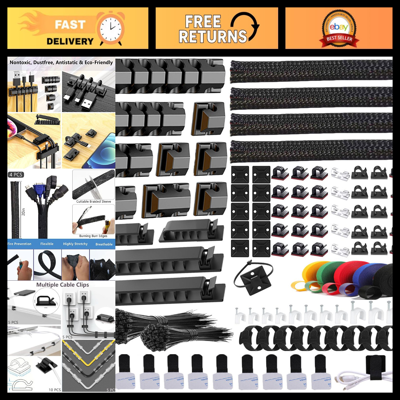 327 PCS Cable Management Kit - 4 Cable Sleeves & 65 Clips for Organizing Wires