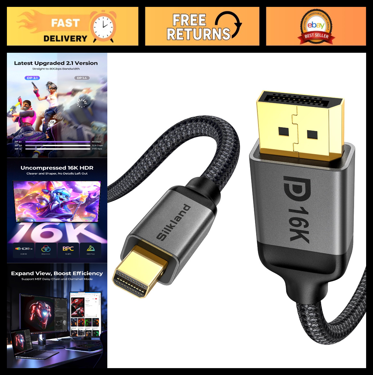 16K Mini DisplayPort to DisplayPort 2.1 Cable, 80Gbps, HDR, G-Sync, 6.6FT for Ga