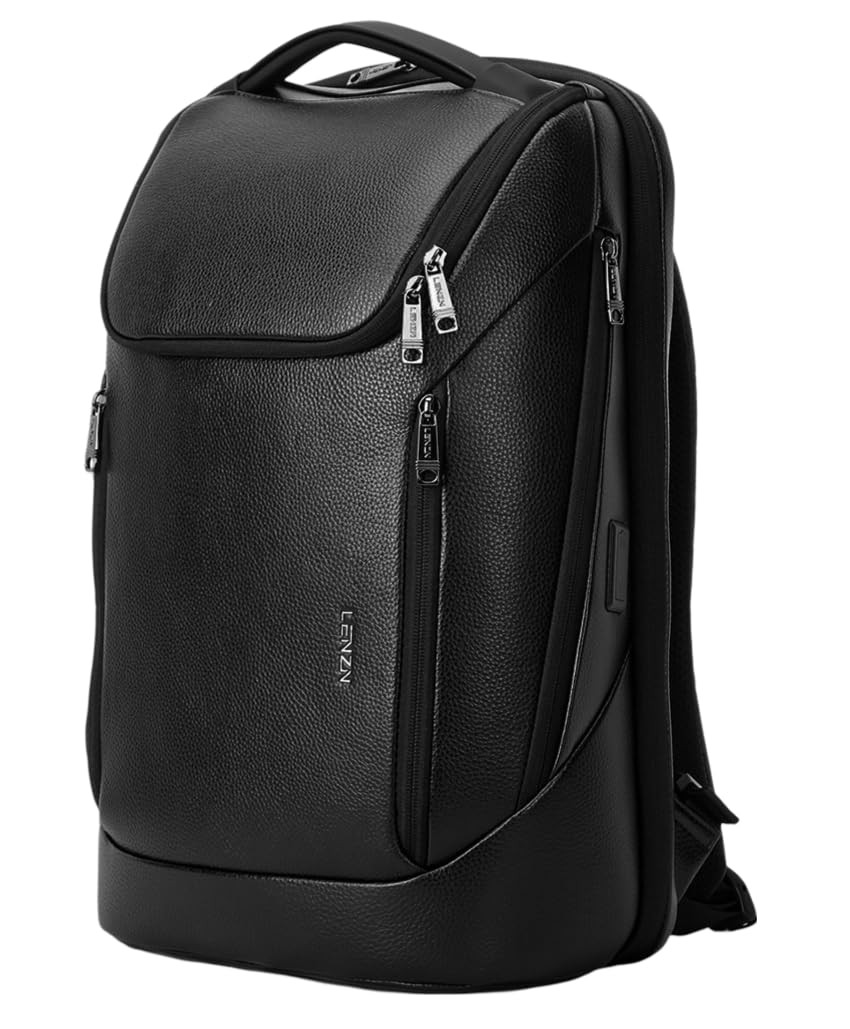 LENZN Durable Leather Laptop Business Backpack Perfect for Men & Large, Black