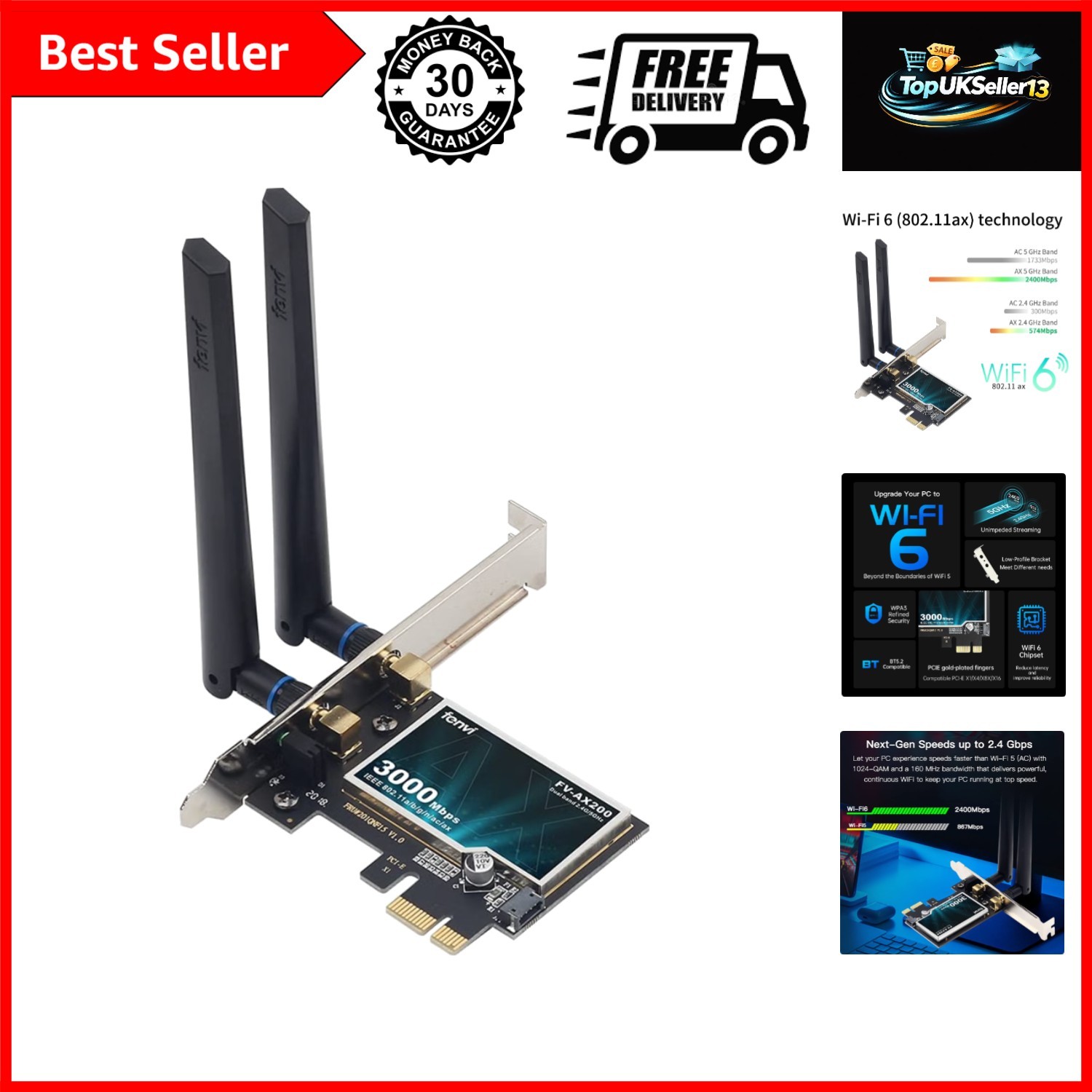 FENVI AX3000 WiFi 6 PCIe Card WiFi6 AX200 Desktop PCI-E Wireless Adapter , Bl...