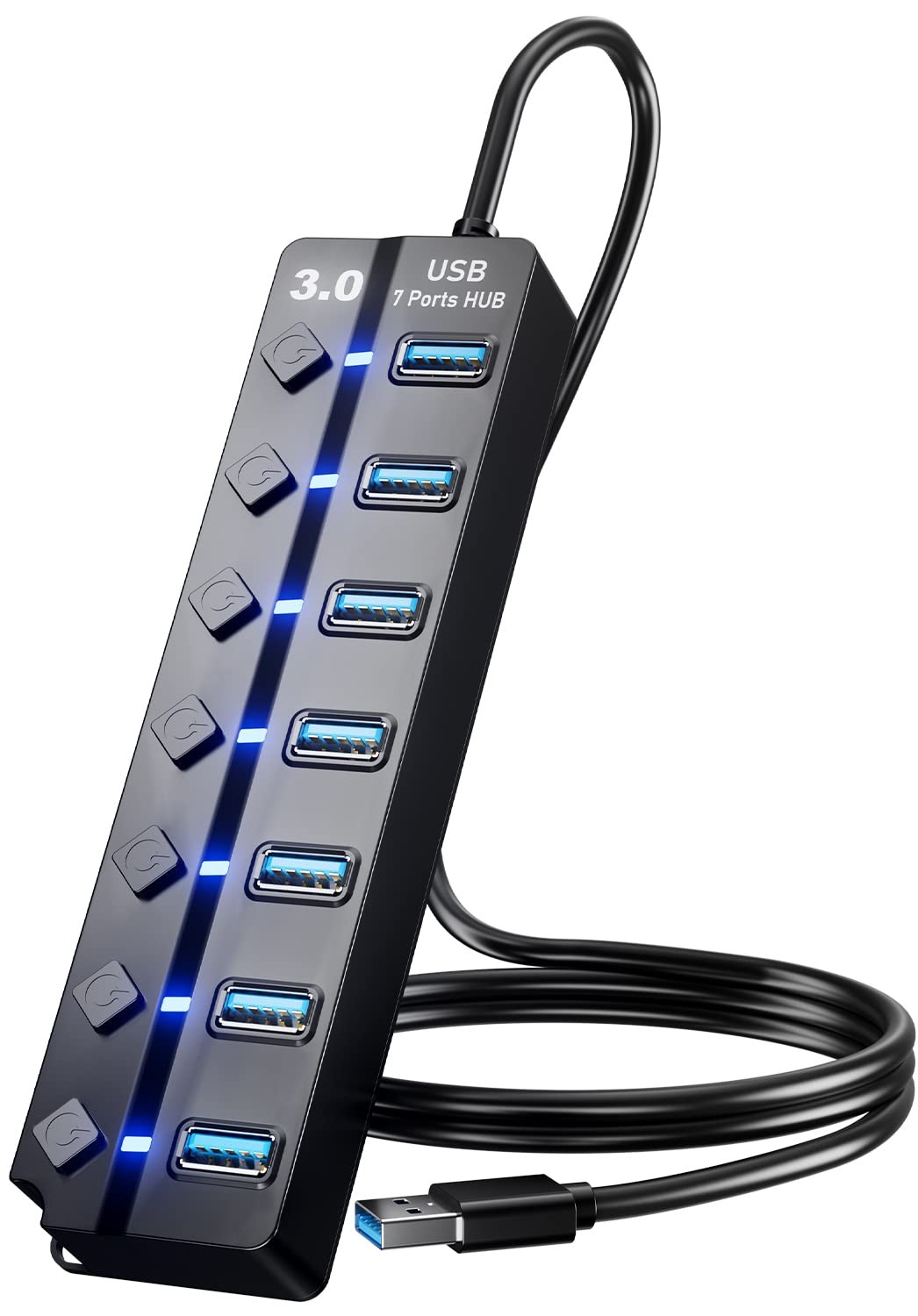 USB 3.0 Hub, PANPEO 7-Port Data Hub Splitter with 3ft Long Cable BLACK