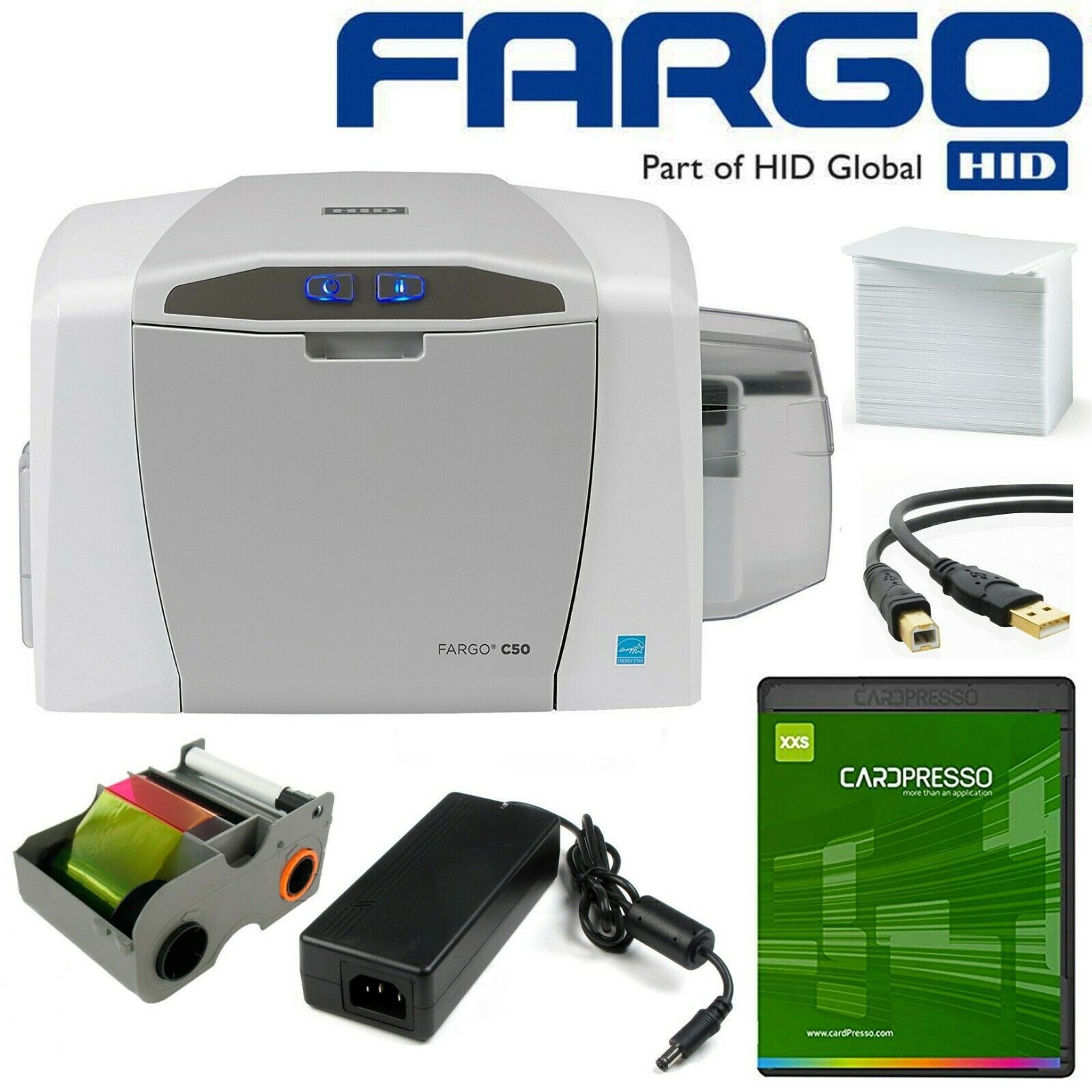Fargo C50 ID Card Thermal Printer with Software Ribbon and Supplies Bundle   -PL