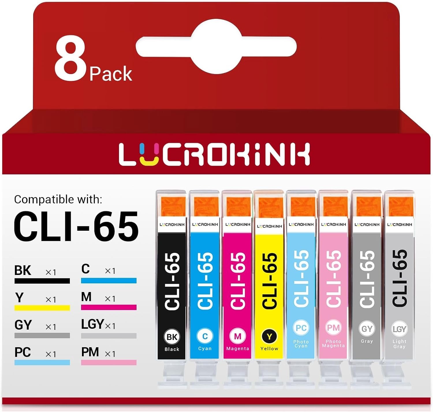 CLI-65 CLI65 Ink Cartridges 8-Pack High Capacity Replacement for Canon CLI-65 CL
