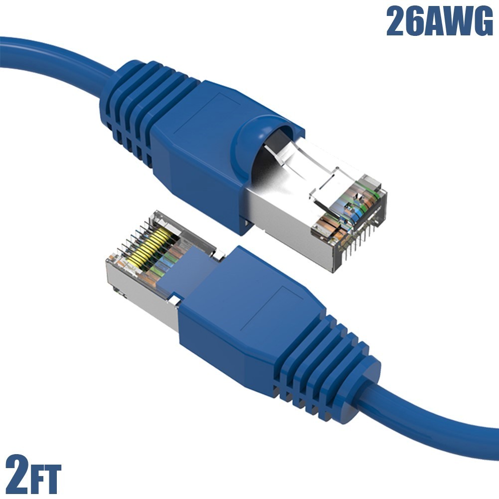 2FT Cat6A Network LAN Ethernet SSTP Shielded Patch Cable Gold 26AWG Copper Blue