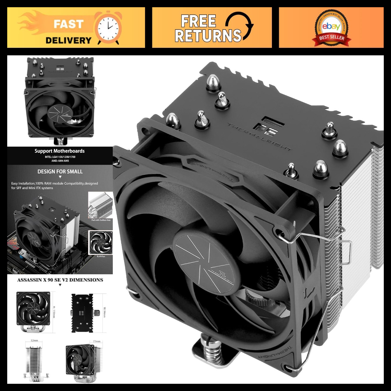 High-Performance 92mm CPU Cooler, PWM Quiet Fan, Intel LGA1700/1150/AMD AM4/AM5