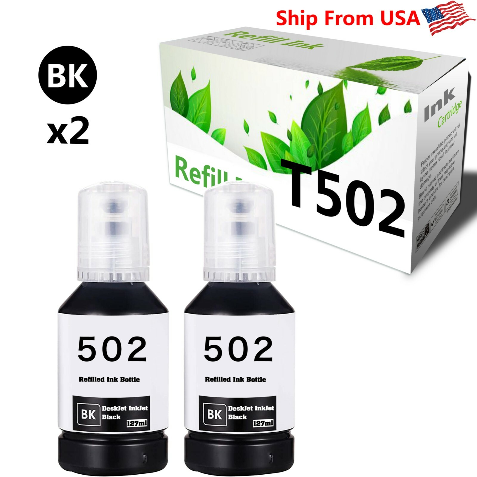 2-Pack T-502 502 Ink Bottle for ET-3760 EcoTank Printer (2x BlacK)