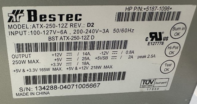 Bestec ATX-250-12Z REV D 5187-1098 250W Computer Power Supply