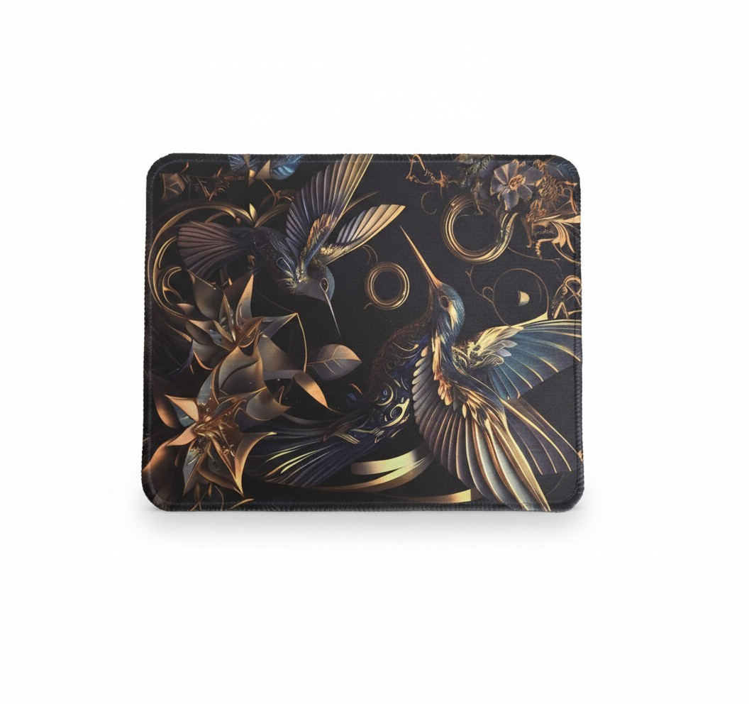 Office Computer Desk Mouse Pad Black Gold Hummingbirds Birds 10x8 Inch Non Slip