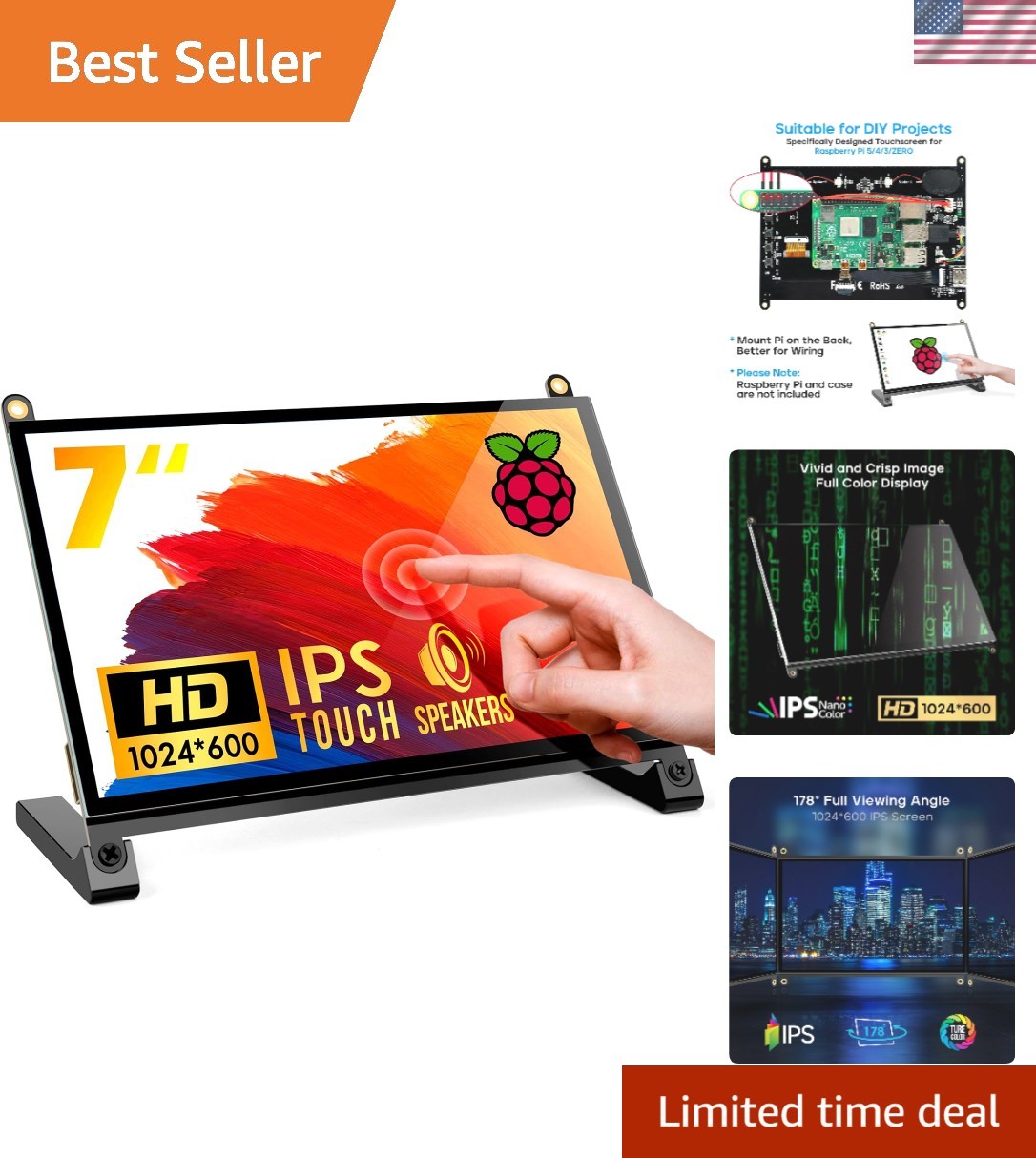 7" Touchscreen Monitor, 1024x600 IPS Raspberry Pi Screen, HDMI