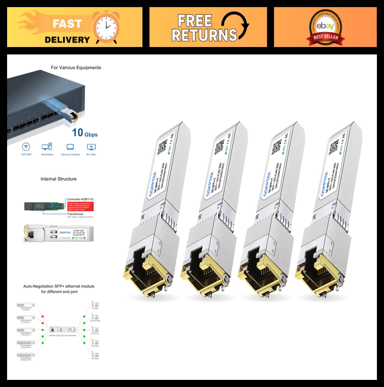 10Gb SFP+ to RJ45 Copper Module 4-Pack, 10GBASE-T Mini-GBIC Transceiver, CAT6A/C