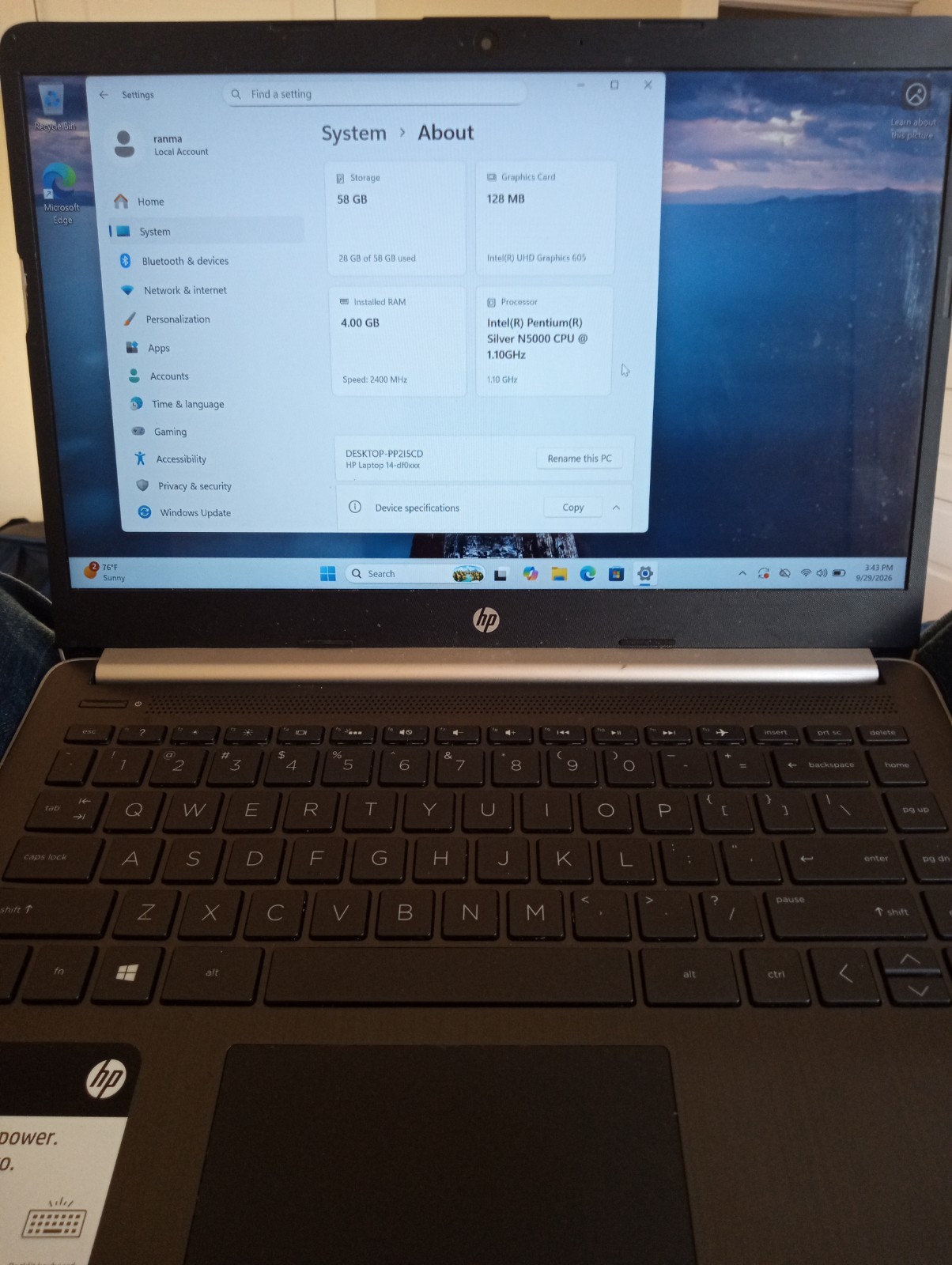 HP 14" Full HD Laptop, Intel Pentium Silver N5000, 4GB RAM, 64GB SSD, Windows 11