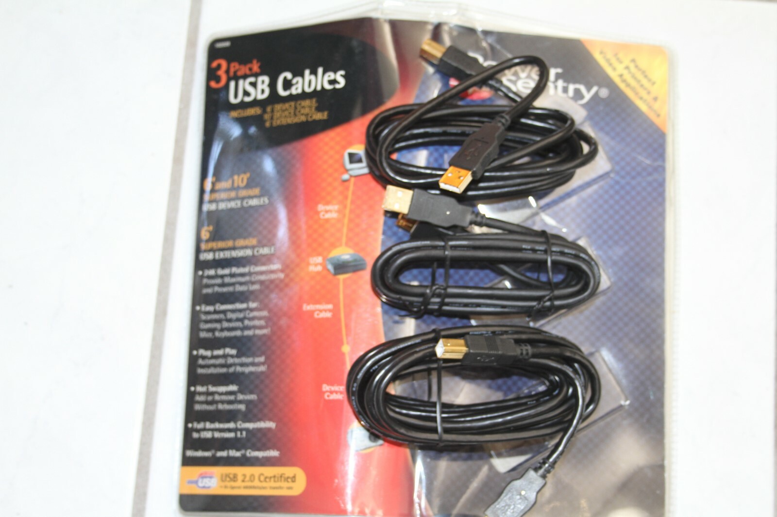 Power Sentry 3 Pack USB Device Cables 102028 opened box for printers& video app.