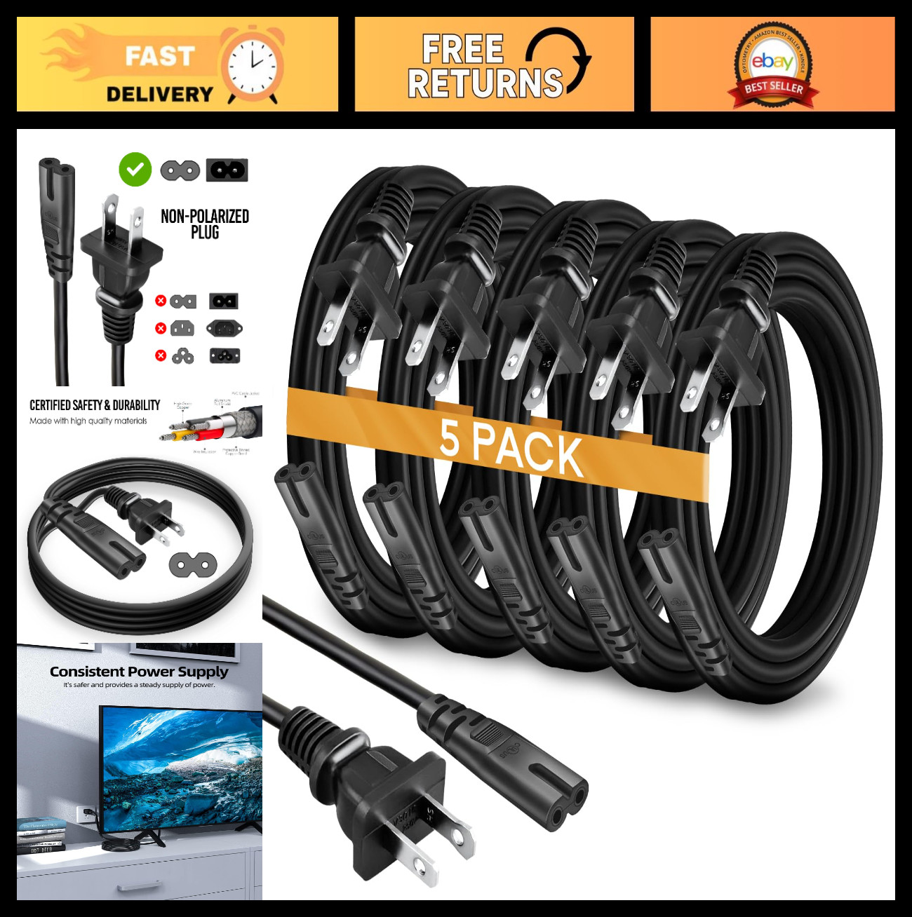 5-Pack 3ft AC 2 Prong Power Cord for TV, PS4, PS5, Xbox, Speaker - C7 Replacemen