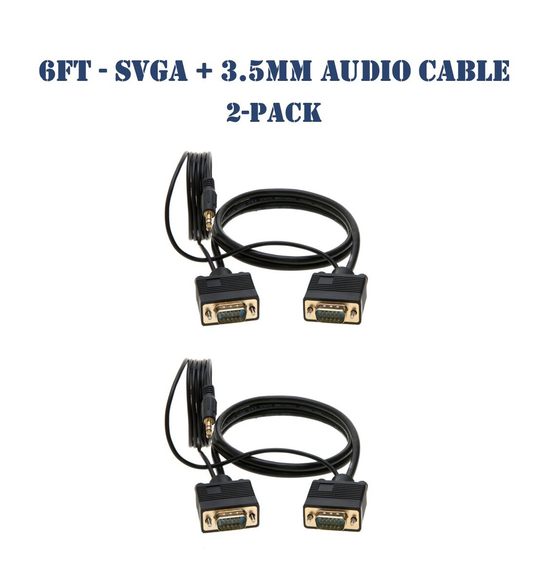 6FT SVGA Video Cable + 3.5mm Audio Aux Jack M/M PC Display Monitor Cord - 2-Pack