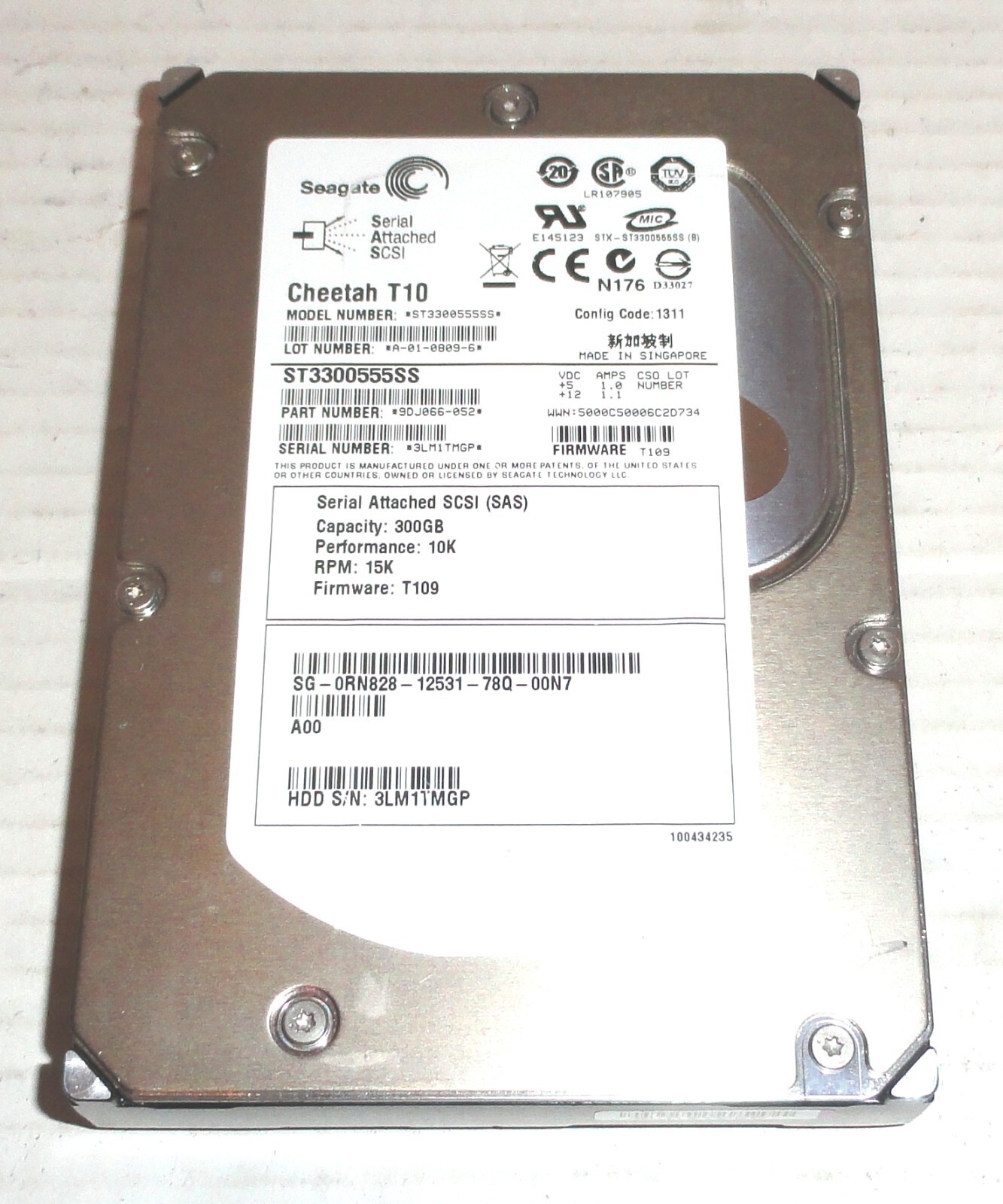 Seagate Cheetah T10 ST3300555SS 300GB SAS Hard Drive P/N: 9DJ066-052 F/W: T109