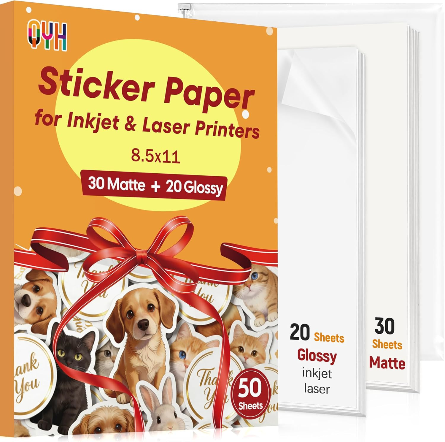QYH Printable Vinyl Sticker Paper, 50 Sheets (30 Matte + 20 Glossy) 8.5x11" | fo