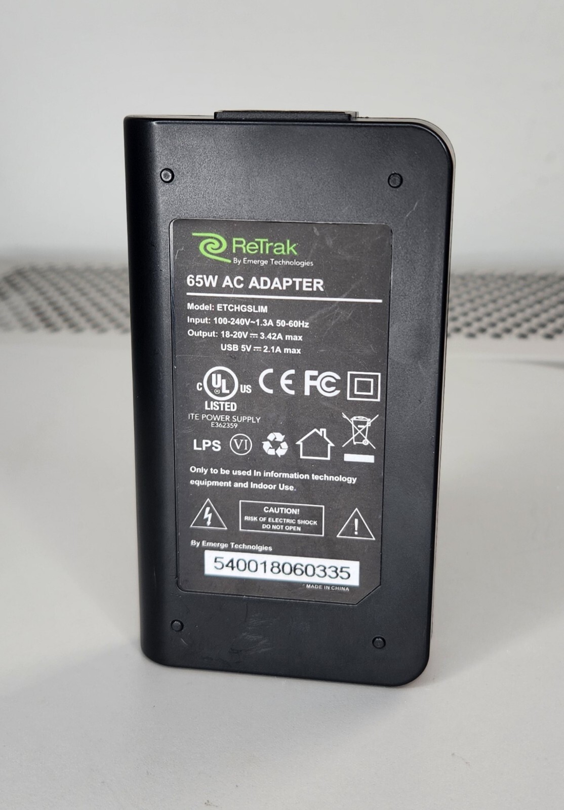 ReTrak Retractable AC Adapter - Output 18-20 Volt Brick Only Model ETCHGSLIM